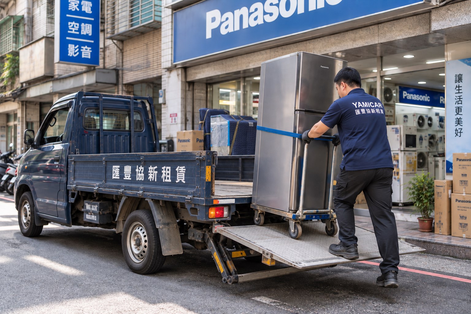 家電配送使用升降尾門貨車搬運大型冰箱